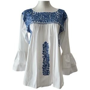 Mi Golondrina White Blouse with Blue Embroidery
